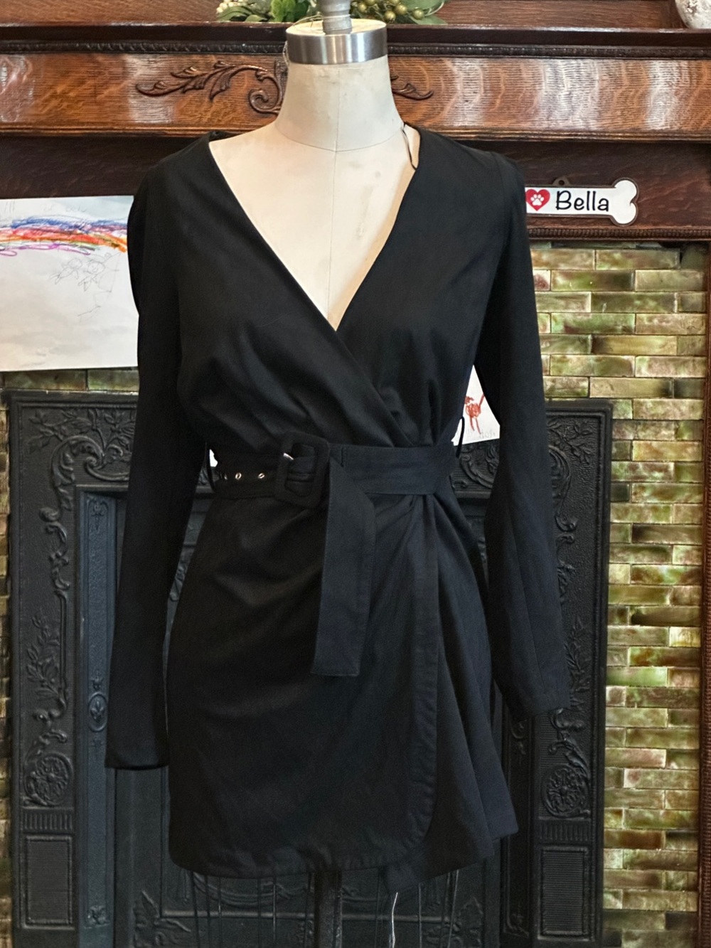 Zara Black Long-Sleeve Wrap Mini Dress with Belt